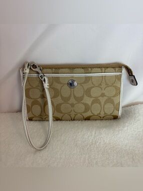 Coach Signature Canvas Wristlet in Tan with White Trim